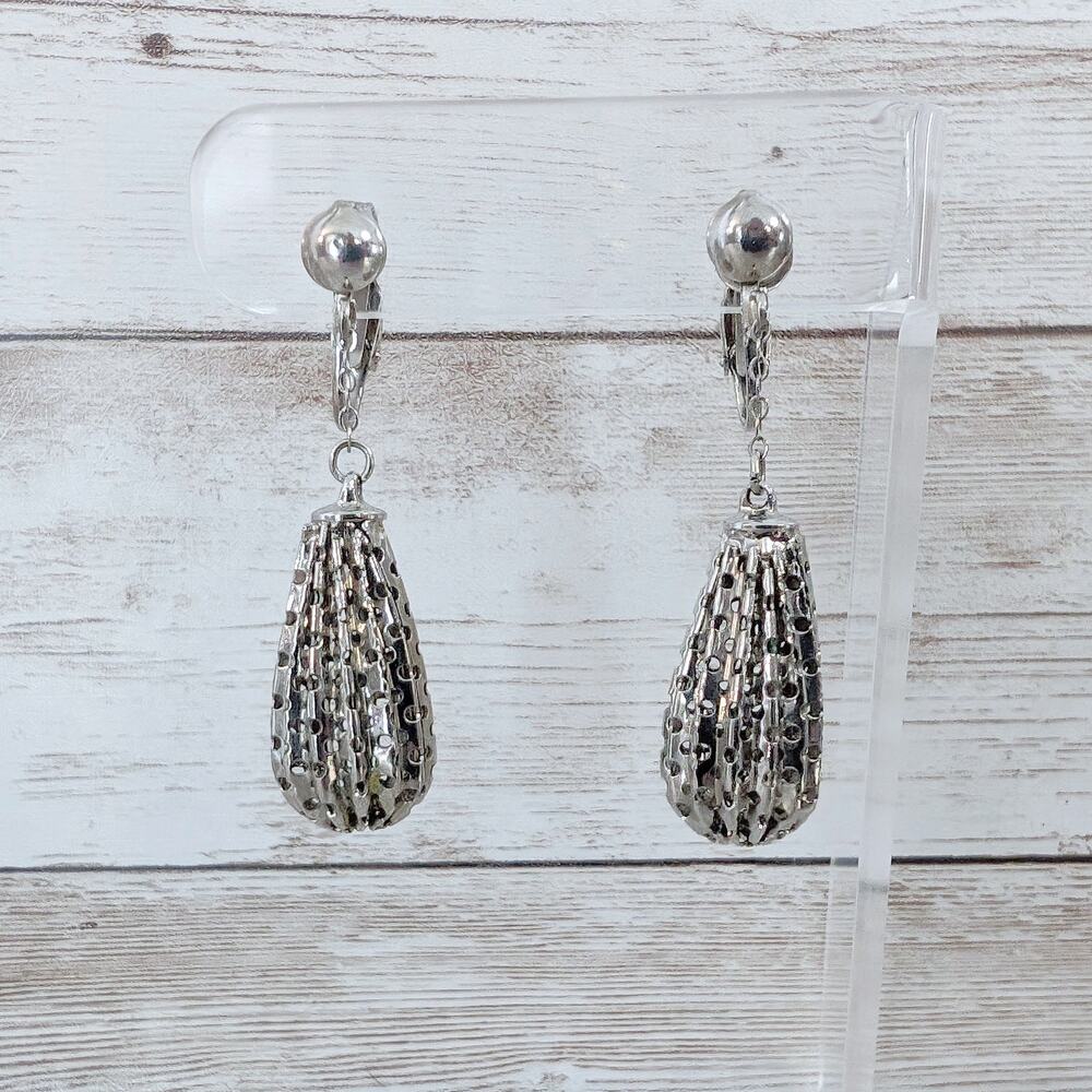 Vintage Clip On Earrings Silver Tone Elongated Long Dangle